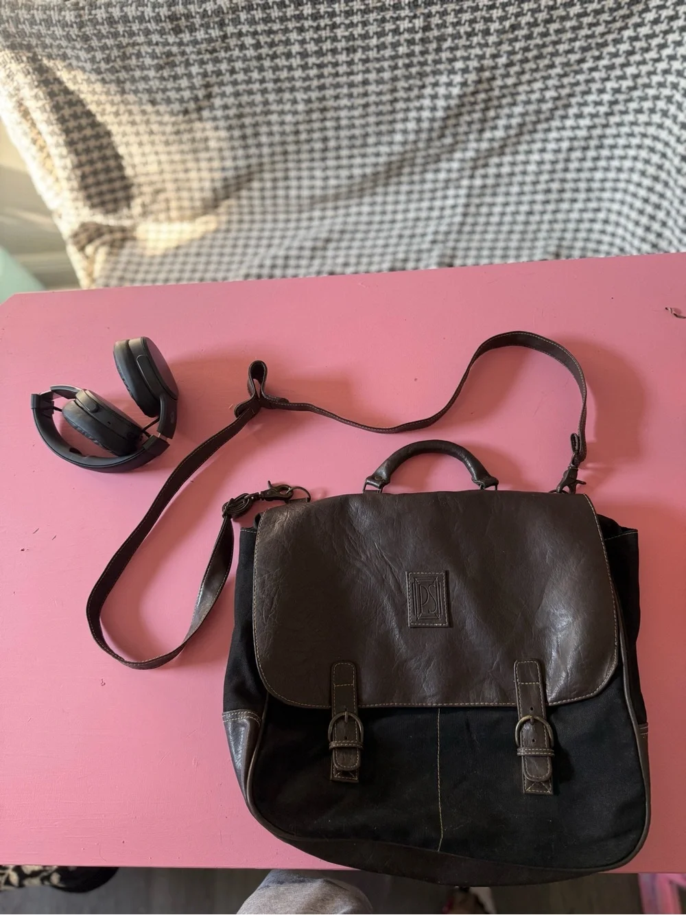 Mens Black Canvas & Leather Messenger Bag with Adjustable Strap